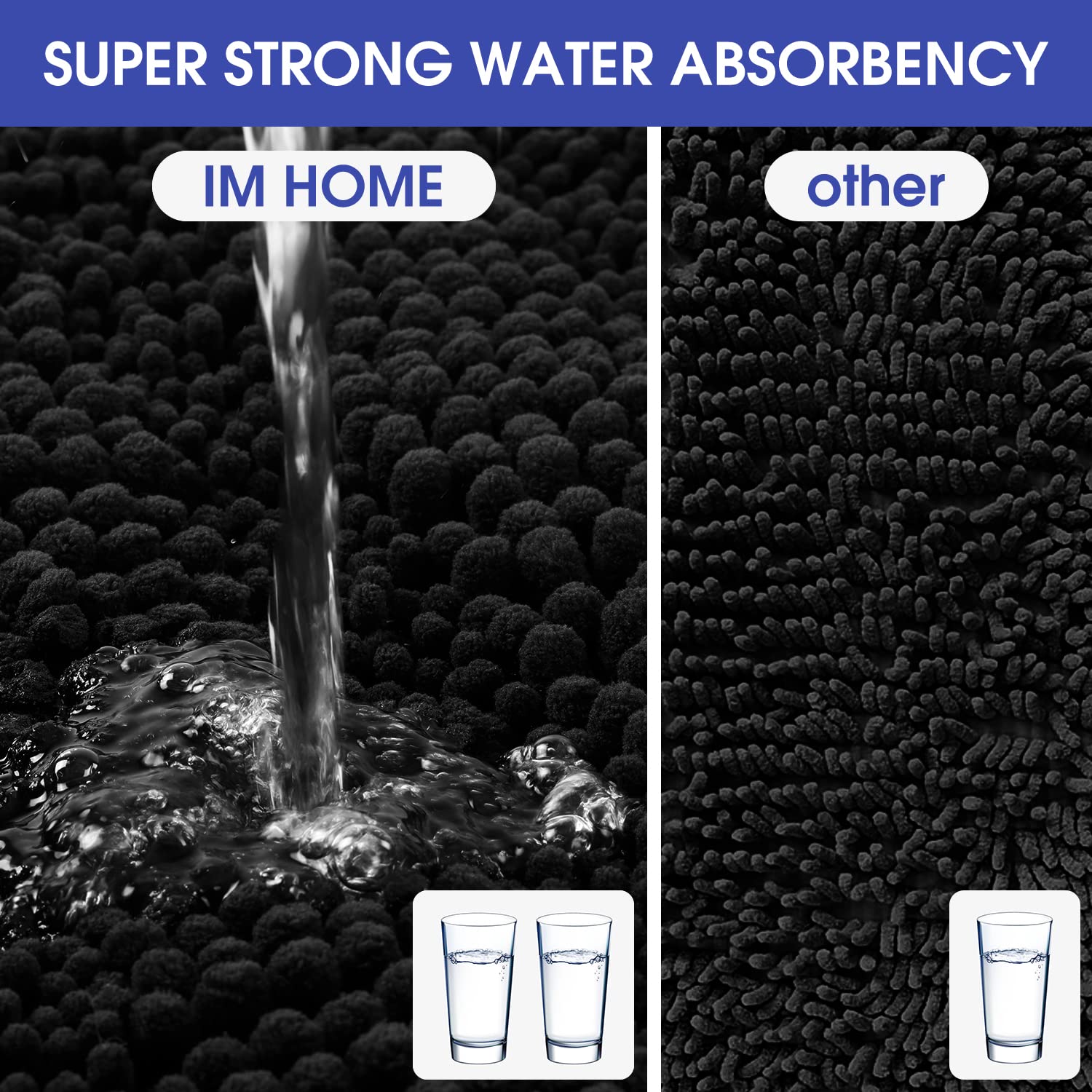 Accumtek Striped Black Bathroom Rug Mat 47.5''X17'' Ultra Soft, Non Slip Chenille Bath Rugs, Absorbent Plush Shaggy Bath Mats Fo